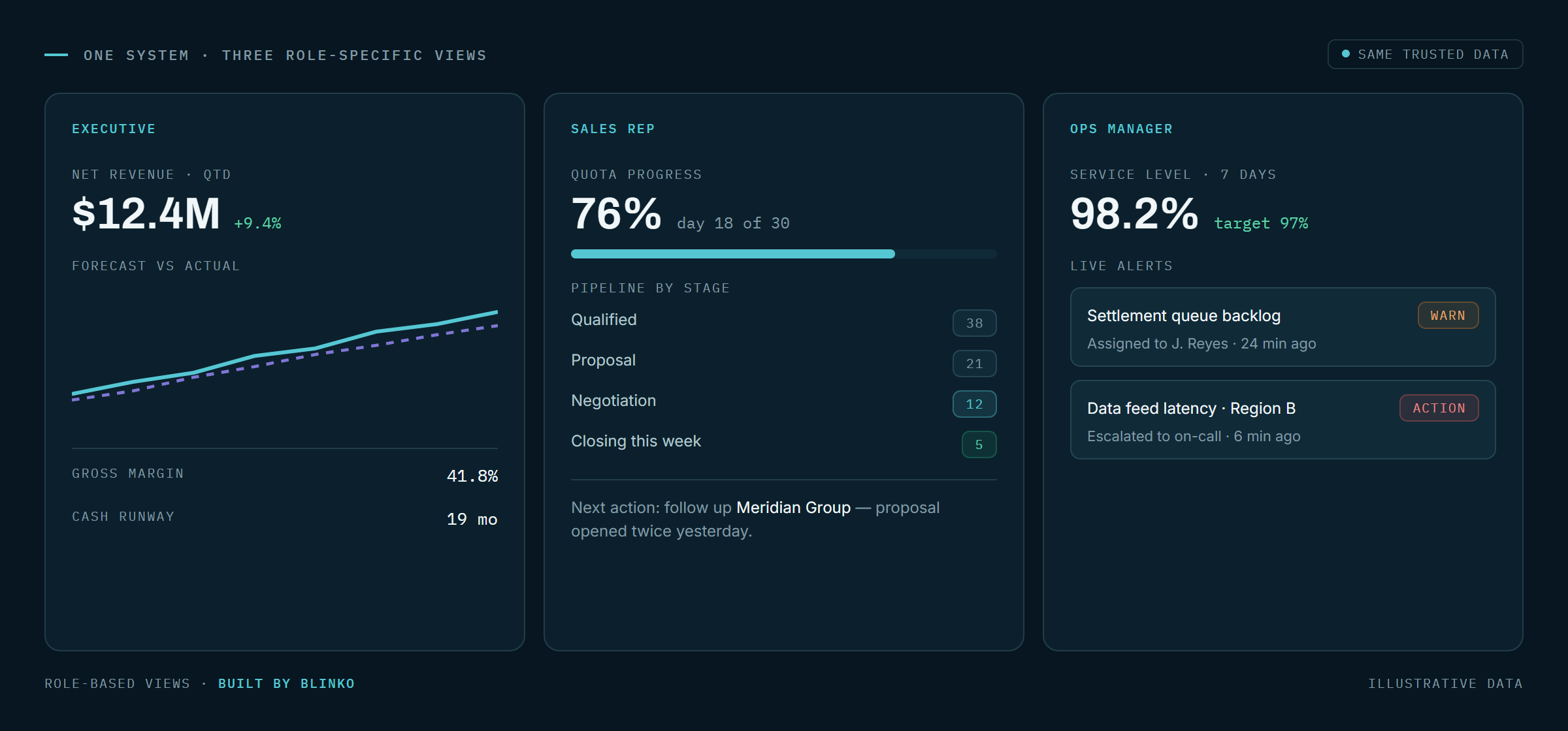 Tailored views for executives, sales reps, and operations.